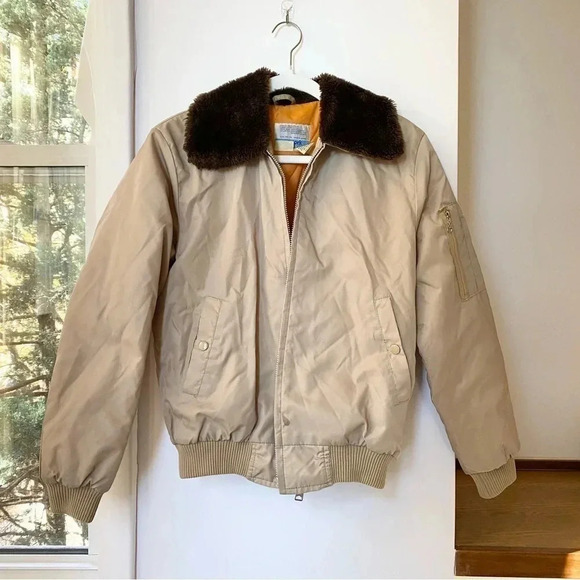 Vintage Sears Bomber Jacket Coat Work Lesirue Fur Collar Tan Brown Oversized - Picture 13 of 13